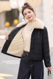 格纹加绒皮衣外套女加厚短款韩版气质收腰百搭小个子棉衣棉服，女装皮衣，吾爱衣