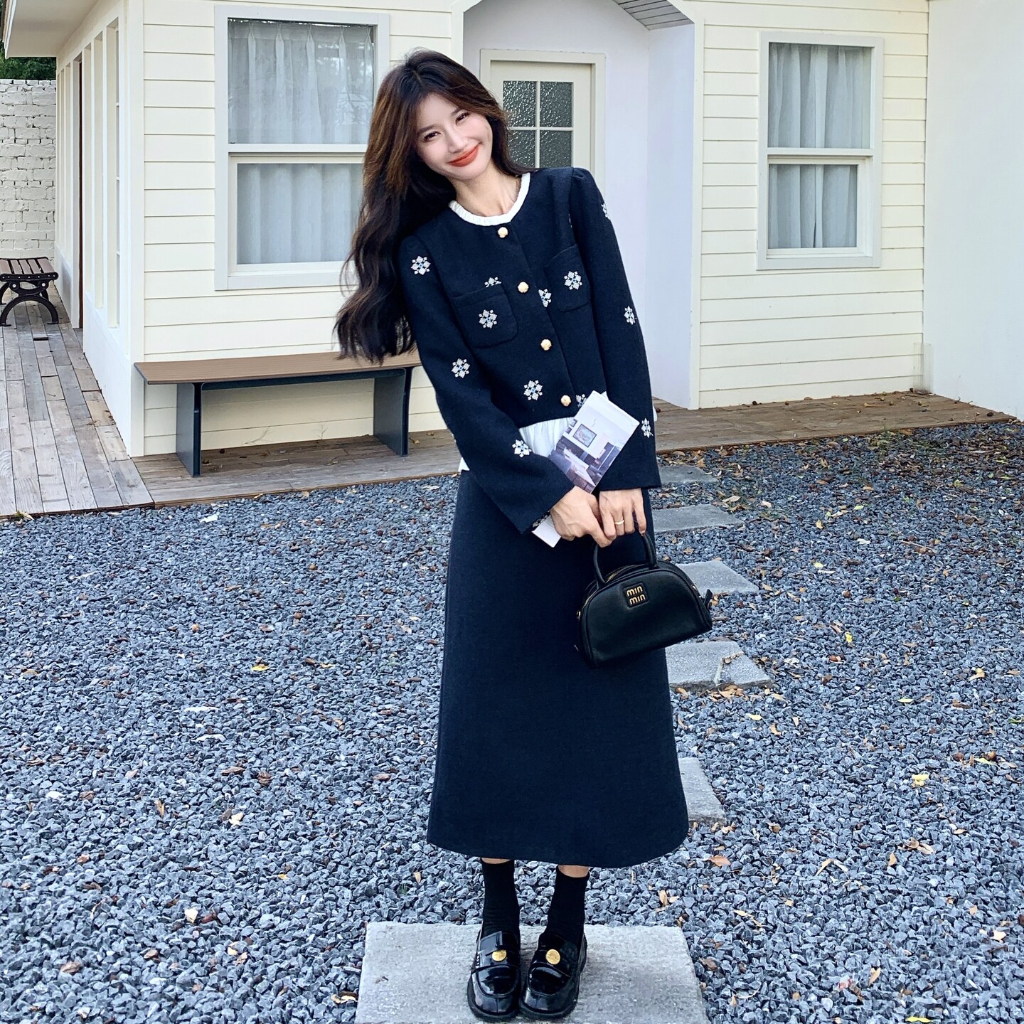 法式小香风刺绣花外套装裙女2026秋新款小个子高级感半身裙两件套图片