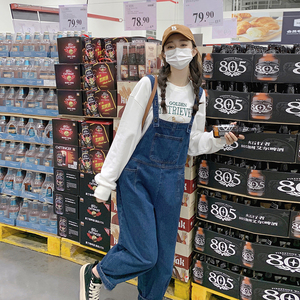 背带裤常规款连体裤褶皱女牛仔裤秋季时尚阔腿外穿大码春秋显瘦图片