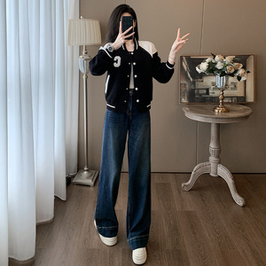 女春季黑白拼接卫衣阔腿牛仔裤两件套潮图片