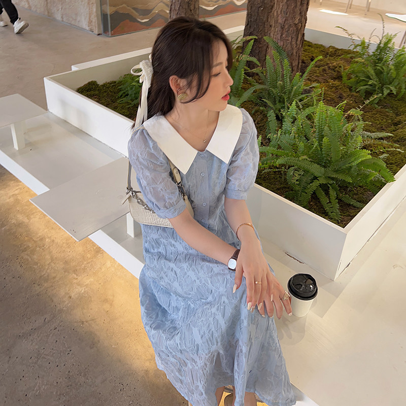 货出2025年夏季茶歇仙女气质连衣裙盐缩提花蓝色炸街裙子P120K178,女装连衣裙,2C311