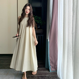 杏黄色无袖挂脖连衣裙女夏季2025新款法式温柔显瘦海边度假风长裙，女装连衣裙，2D043