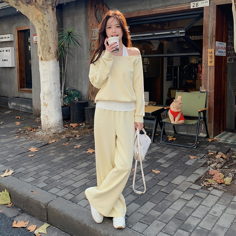 韩系松弛感黄色露肩挂脖上衣阔腿裤套装2025秋季新款两件套慵懒风图片