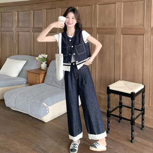 春季2025新款蕾丝拼接牛仔马甲套装女图片