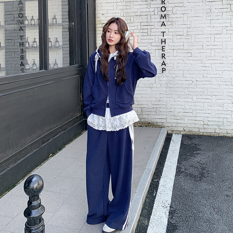 春秋新款韩系学院风花边拼接休闲开衫卫衣套装P200K328,女装套装/套裙,2C219