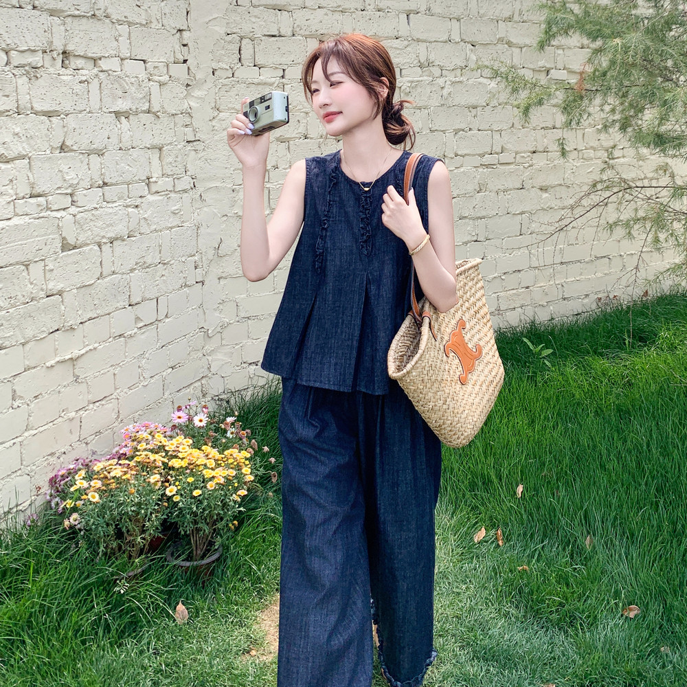 复古薄款牛仔套装女夏季2025新款独特漂亮设计感背心阔腿裤两件套,女装套装/套裙,2C271