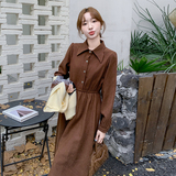 咖啡色时尚连衣裙高级复古收腰法式小个子洋气减龄衬衫裙，女装连衣裙，2C166