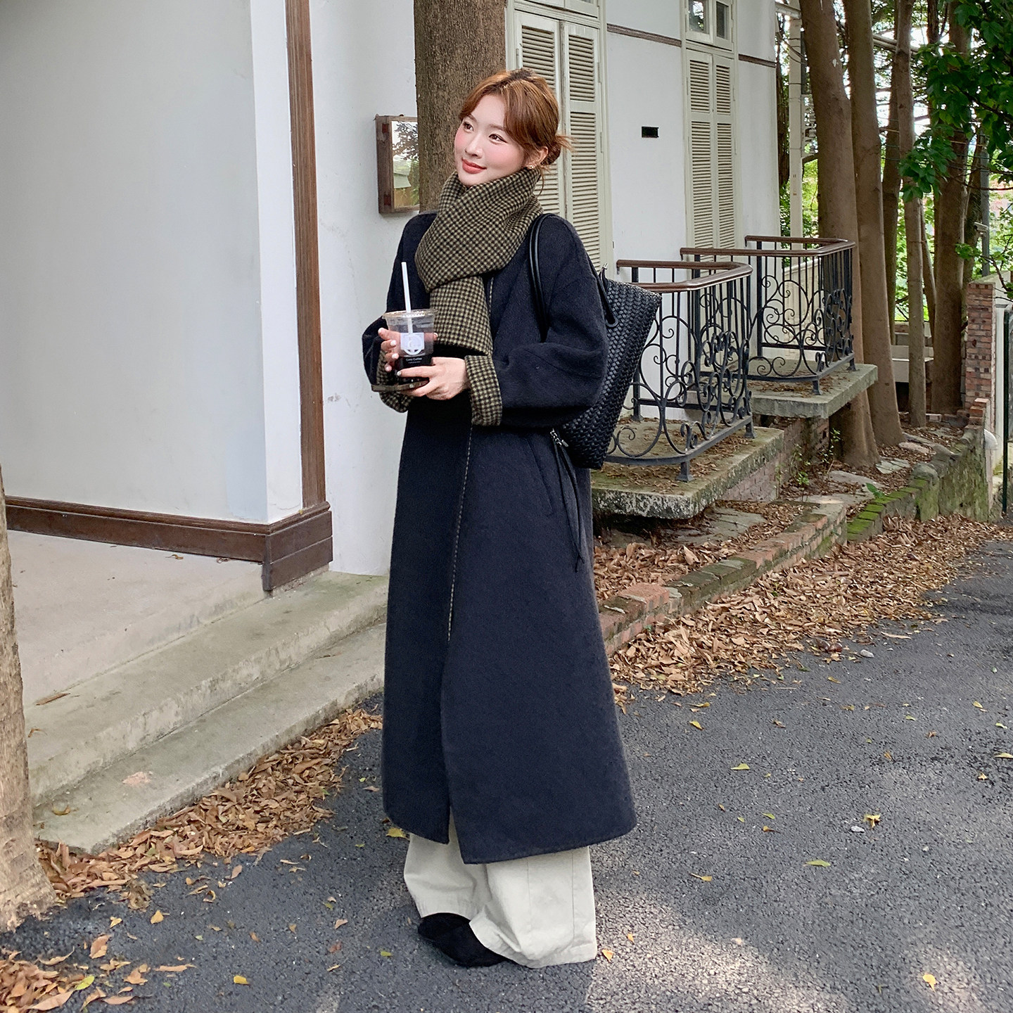 新款2B1142122P290-K355配围巾长款双面羊毛呢大衣外套,女装毛呢外套,2B114