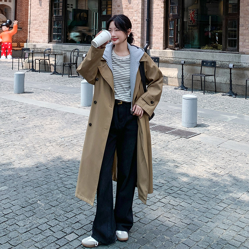 卡其色假两件连帽风衣外套女中长款可拆卸帽休闲秋季过膝大衣,女装风衣,2C238