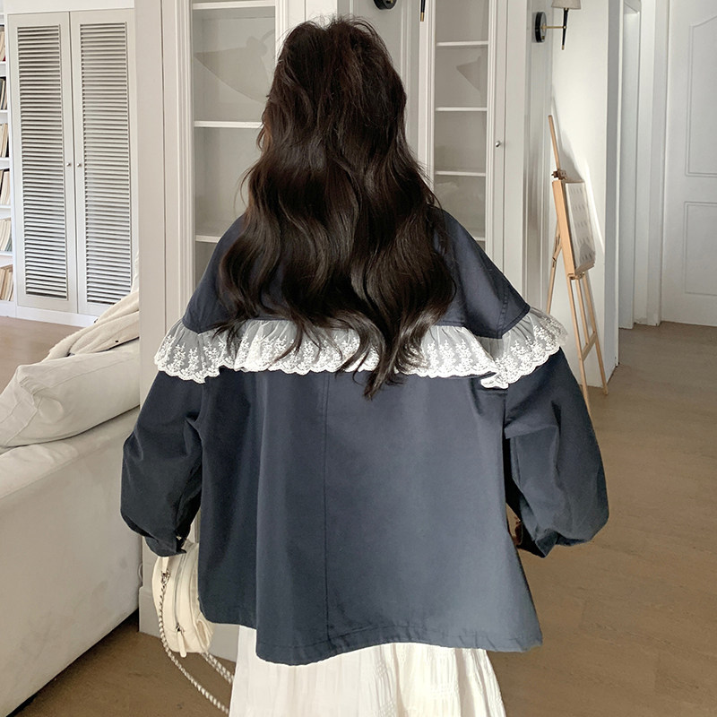 藏青色蕾丝花边休闲外套女2025春秋季新款韩系慵懒风宽松夹克上衣,女装短外套,2C203
