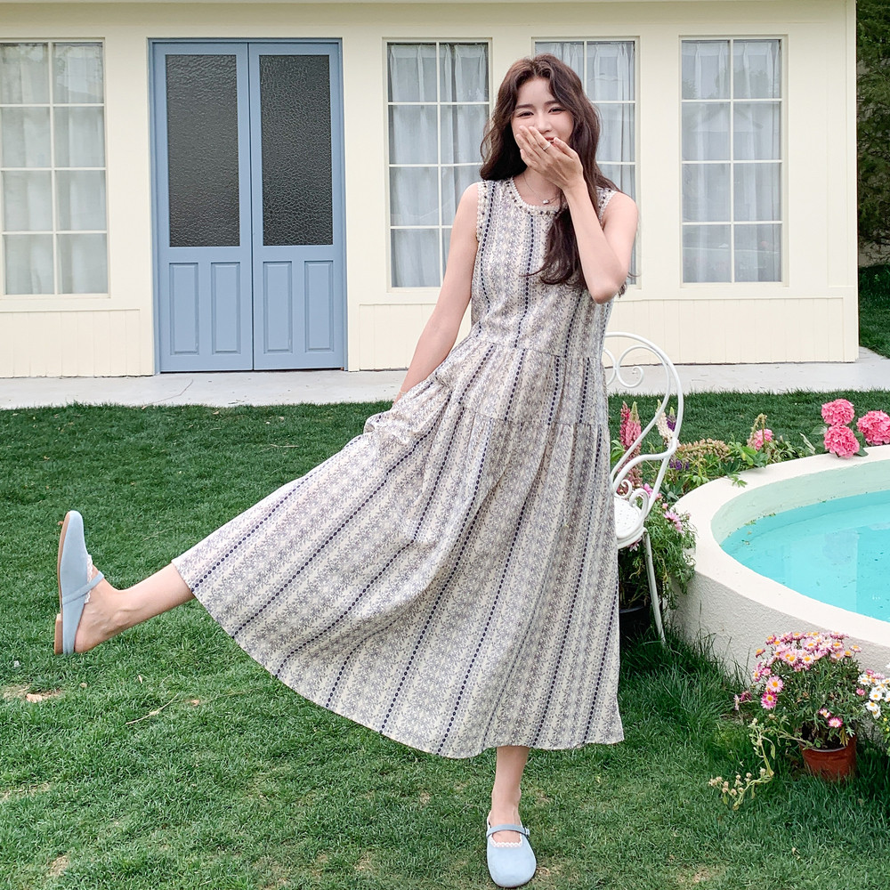 波西米亚度假风印花连衣裙女2025夏季新款法式温柔风无袖背心长裙,女装连衣裙,2C212