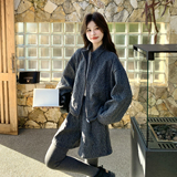 灰色慵懒风针织毛领开衫套装女秋冬季松弛感休闲运动短裤两件套，女装套装/套裙，2C166