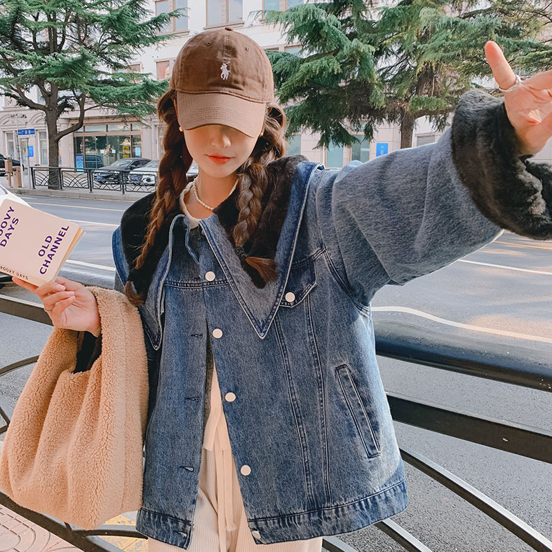 学院风复古设计感牛仔外套女冬加绒2025冬季新款韩版宽松加厚棉服,女装短外套,2D009