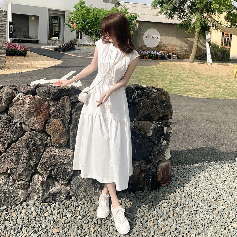 气质大方白色无袖衬衫连衣裙女夏2025新款高级设计感小众收腰长裙,女装连衣裙,2C159