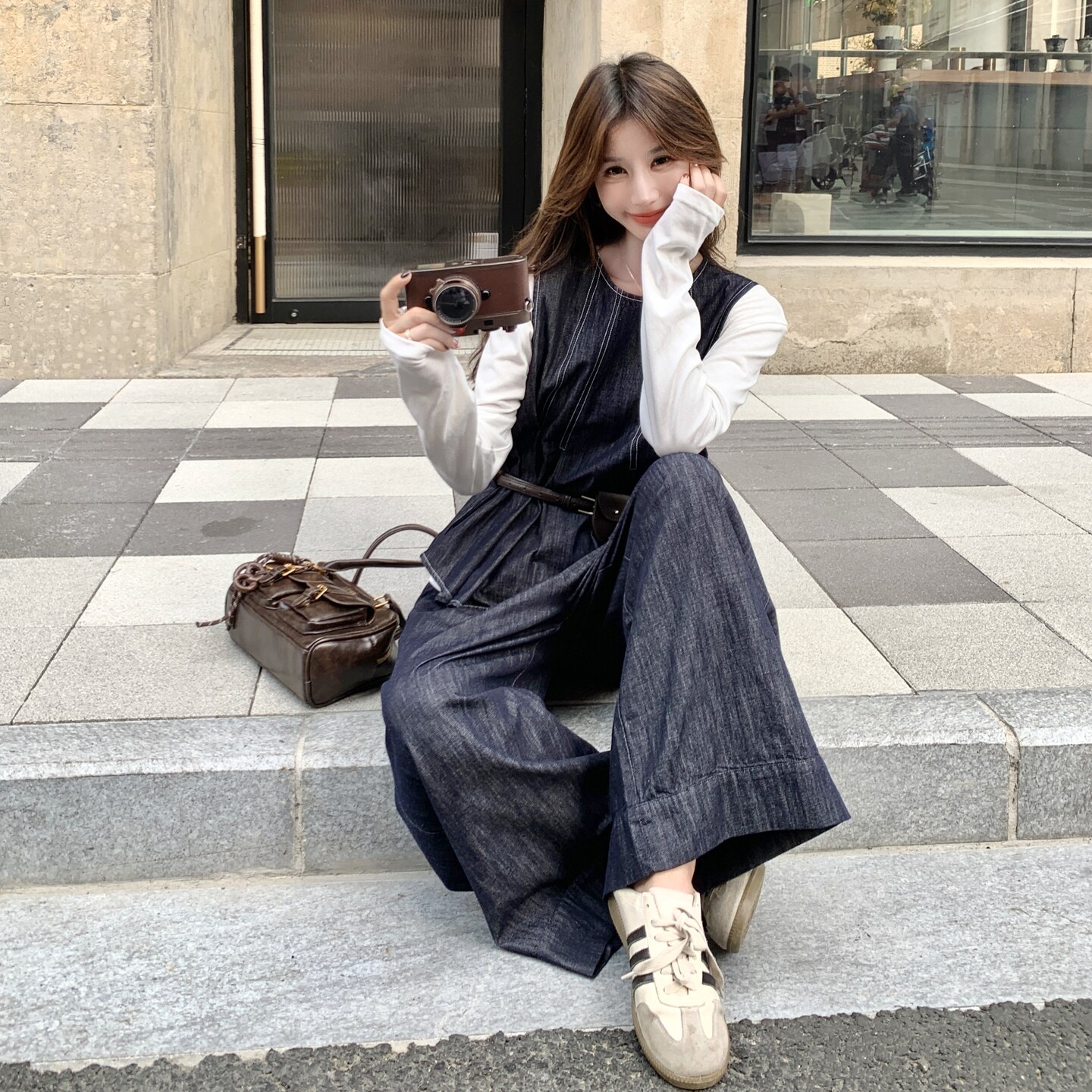 设计感时尚休闲韩版牛仔套装女春秋显瘦背心T恤阔腿裤三件套,女装套装/套裙,2C166