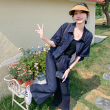盐系轻熟风薄款天丝牛仔短袖上衣阔腿裤套装两件套女夏季时尚洋气，女装套装/套裙，2C135