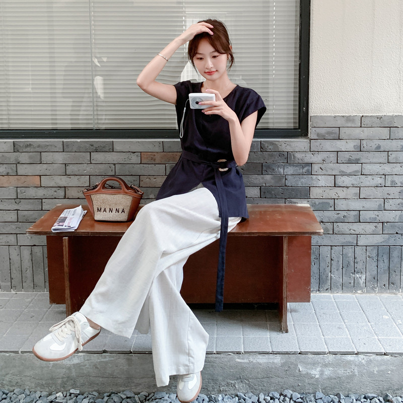 藏青色衬衫阔腿裤套装女夏2025新款盐系轻熟两件套小众不撞款流行,女装套装/套裙,2C259