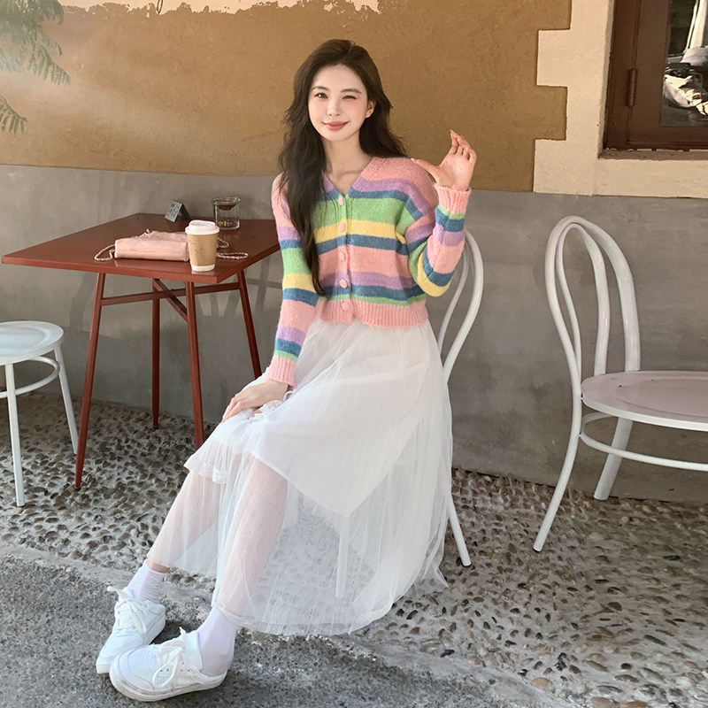 慵懒风彩条毛衫+白色仙女裙套装2C057-8130-P145-K208,女装套装/套裙,2C057