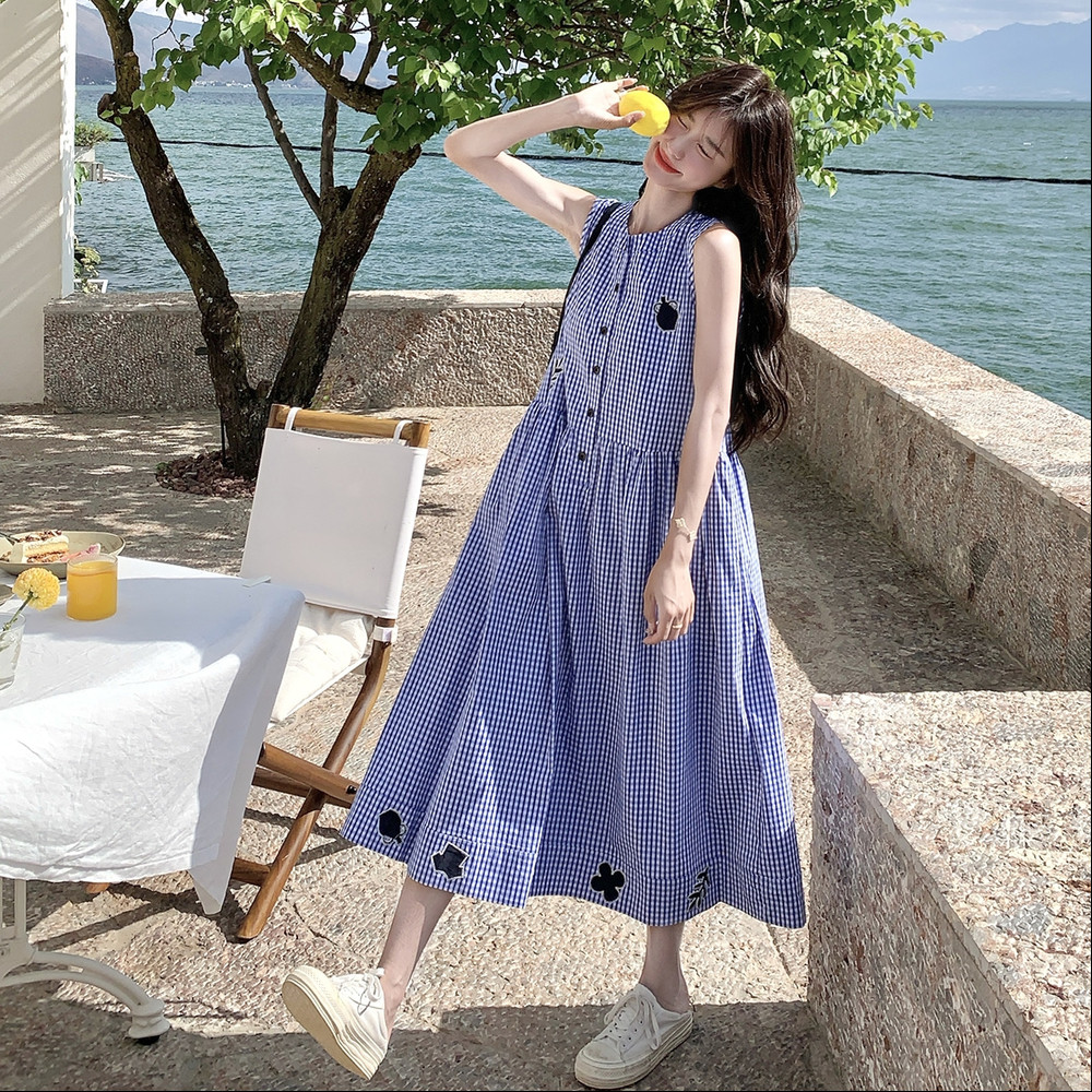 甜美蓝色格子无袖背心连衣裙女夏季2025新款独特漂亮大方得体裙子图片
