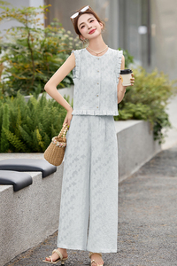 小香风提花时尚套装女2025夏新款减龄木耳边无袖上衣阔腿裤两件套图片