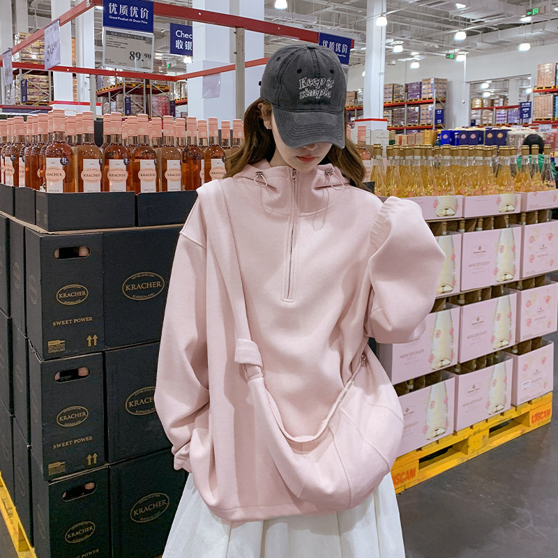 减龄粉色连帽卫衣外套女2025春秋季新款闲韩系慵懒风休闲开衫上衣,女装卫衣/绒衫,2C009