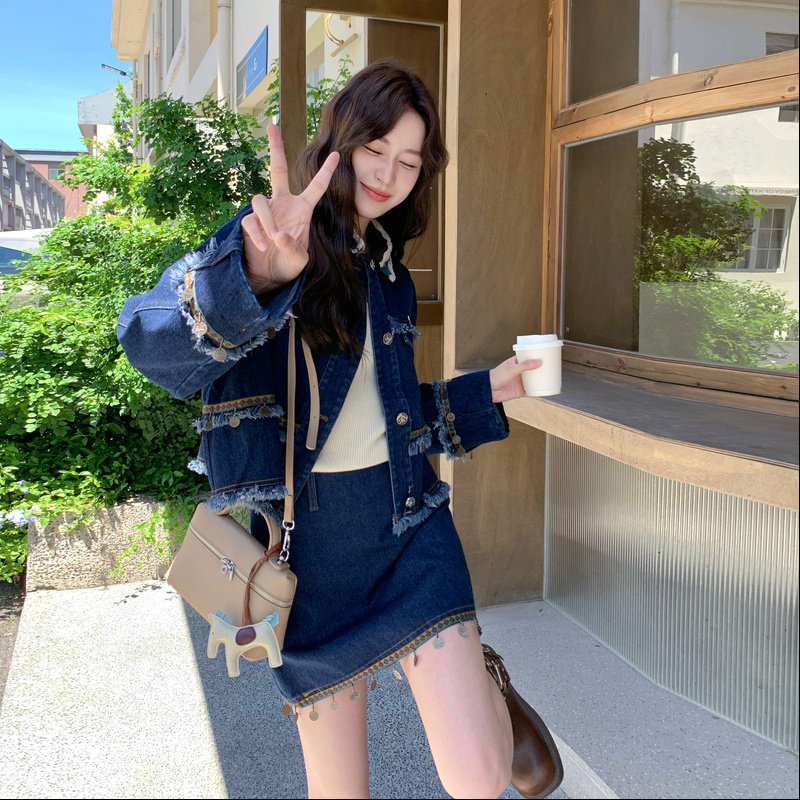 复古牛仔套装裙女秋季2025新款韩系小个子短款外套半身裙两件套,女装套装/套裙,2C230