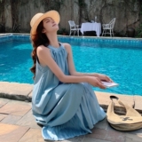 法式海边度假风蓝色连衣裙女2025夏季新款韩系无袖显瘦挂脖长裙子，女装连衣裙，衣珂纱朗