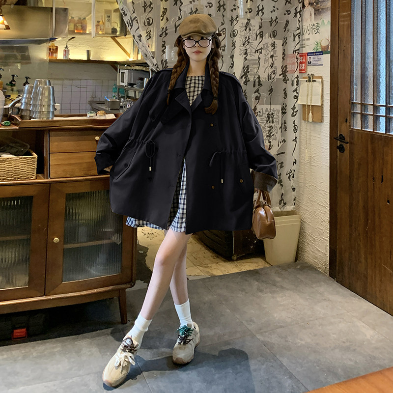 复古英伦风撞色短风衣女2025春秋季新款韩版宽松收腰显瘦夹克外套,女装风衣,2C098