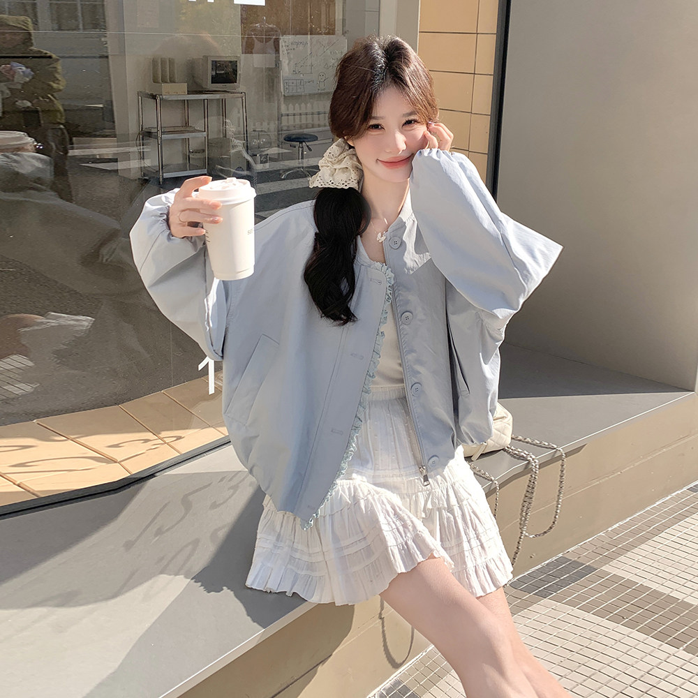 蓝色韩系短款外套女秋季2025新款小个子休闲穿搭宽松高级感夹克,女装短外套,2C203