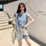 甜美蕾丝拼接牛仔短裤套装女夏2025新款小个子巨好看高级感两件套，女装套装/套裙，2C135