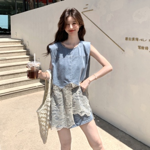 甜美蕾丝拼接牛仔短裤套装女夏2025新款小个子巨好看高级感两件套图片
