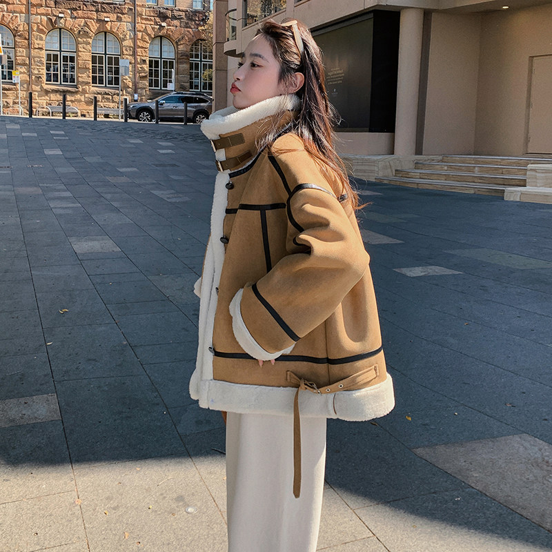 美式麂皮绒皮毛一体加绒外套女2025冬季新款咖色立领夹克机车服,女装皮草,2D008