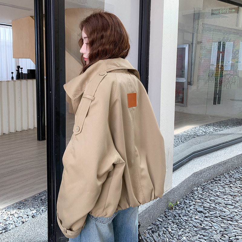 时髦酷飒风高级感风衣外套女2025秋季日系双排扣百搭立领短款上衣,女装风衣,2C086