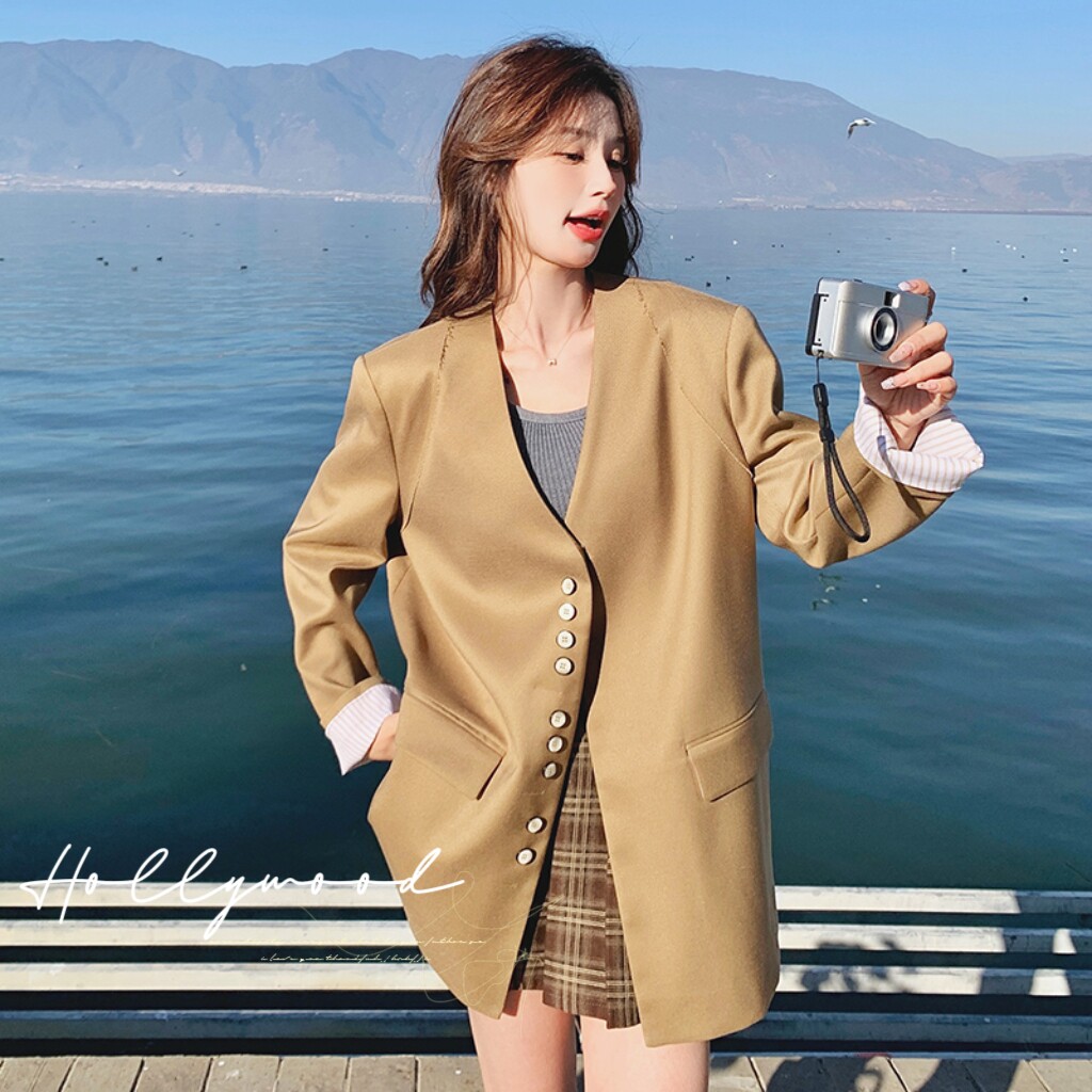 卡其色高品质西装外套女秋季2025年设计感小众休闲气质高级感西服,女装西装,2C077
