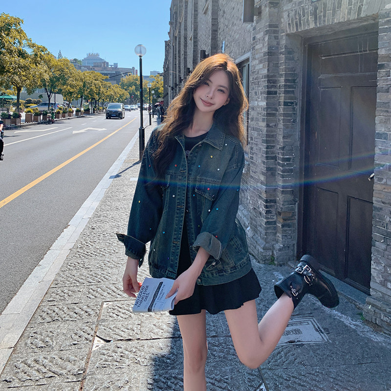 韩版时尚彩色烫钻牛仔外套女2025春秋季新款宽松显瘦气质夹克上衣,女装短外套,2C233
