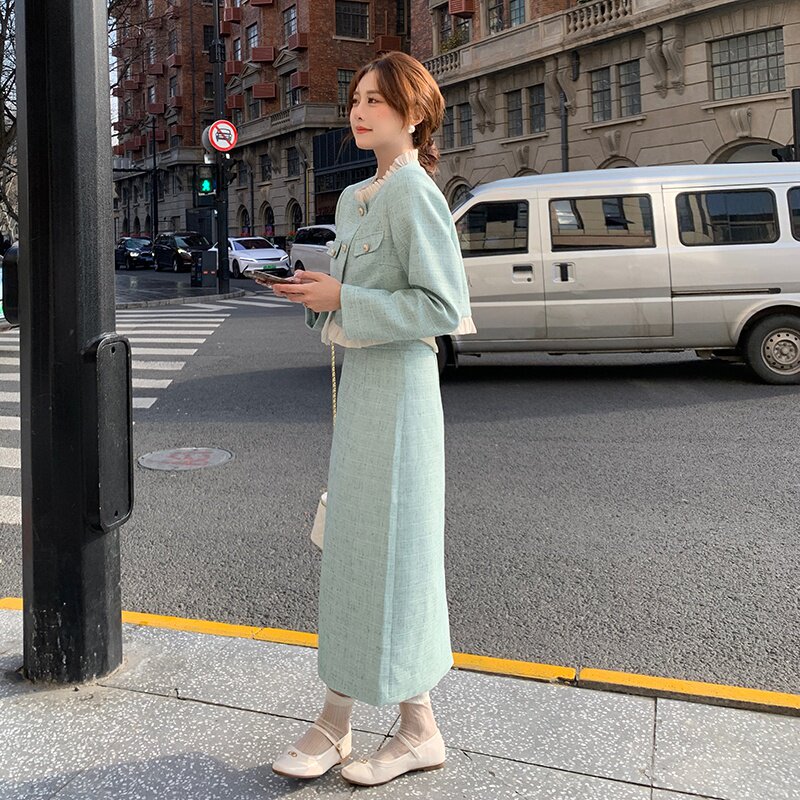 韩系高级感穿搭小香风套装女春秋2025新款气质千金半身长裙两件套,女装套装/套裙,2C203