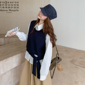 韩系设计感假两件拼接长袖衬衫女秋季减龄叠穿图片
