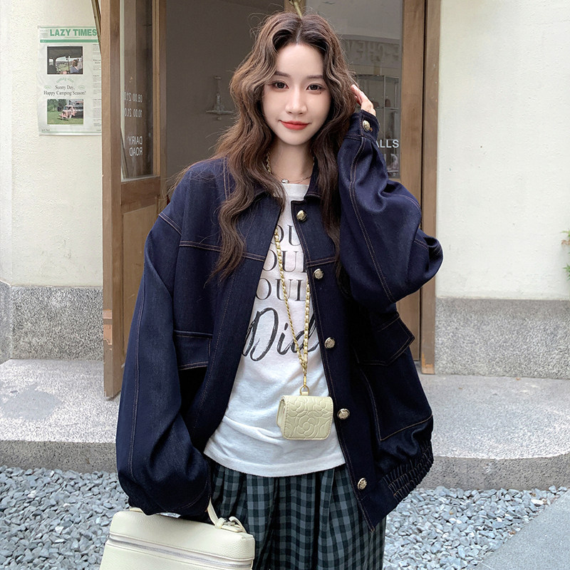 深蓝色仿牛仔翻领外套女2025秋季新款盐系爆款高级感休闲百搭夹克,女装短外套,2D008