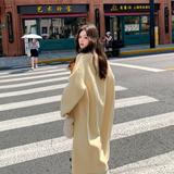 韩版气质宽松高级感外套女2025年秋冬季新款鹅黄色双排扣毛呢大衣，女装毛呢外套，2C030