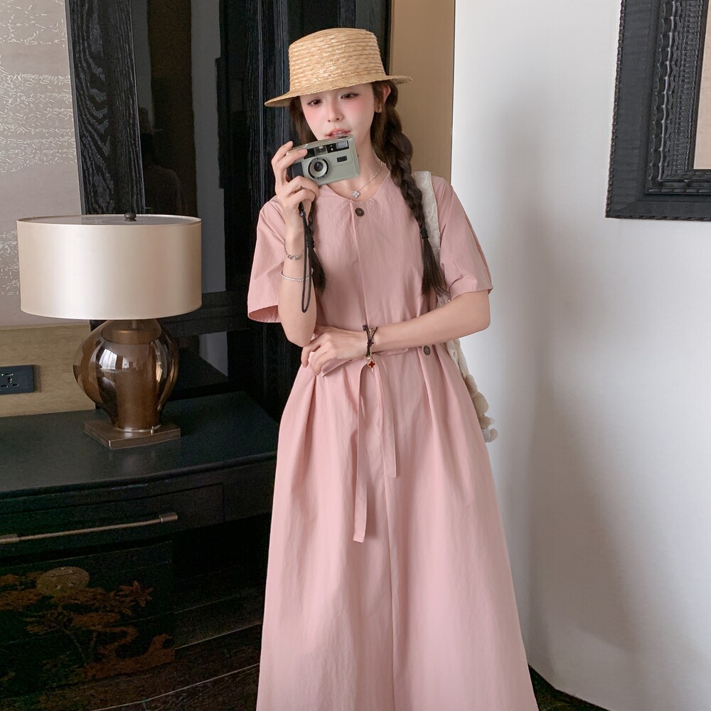 法式极简风系带收腰显瘦连衣裙女短袖2025夏季纯色高级感长裙子,女装连衣裙,2C212