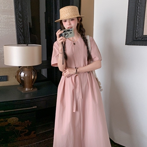 法式极简风系带收腰显瘦连衣裙女短袖2025夏季纯色高级感长裙子图片