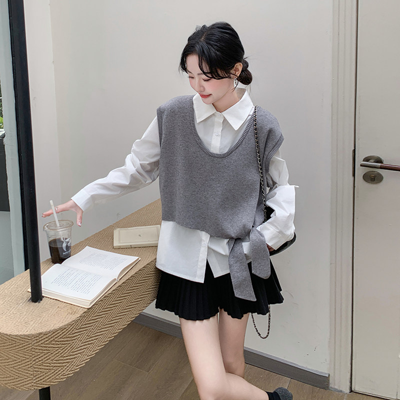 高级松弛感穿搭套装女设计感系带针织马甲衬衫两件套6153P125K188,女装套装/套裙,2C166