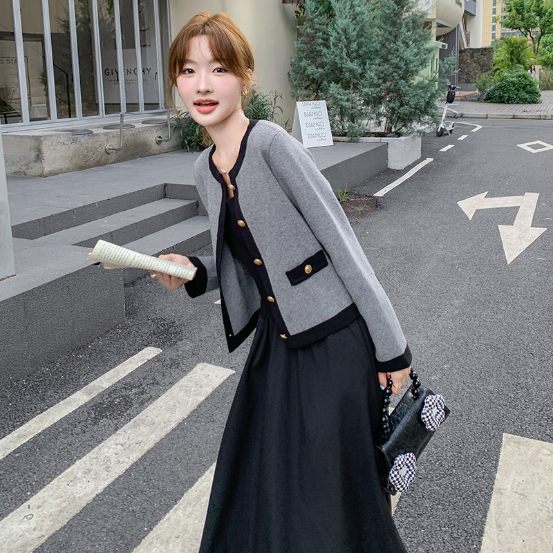 时尚套装女春秋款灰色高级感开衫上衣气质吊带裙两件套,女装套装/套裙,2C166