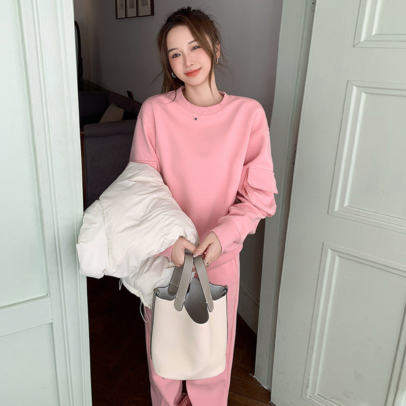 女春季新款圆领衣袖口袋设计感卫衣束脚裤两件套,女装套装/套裙,2C310