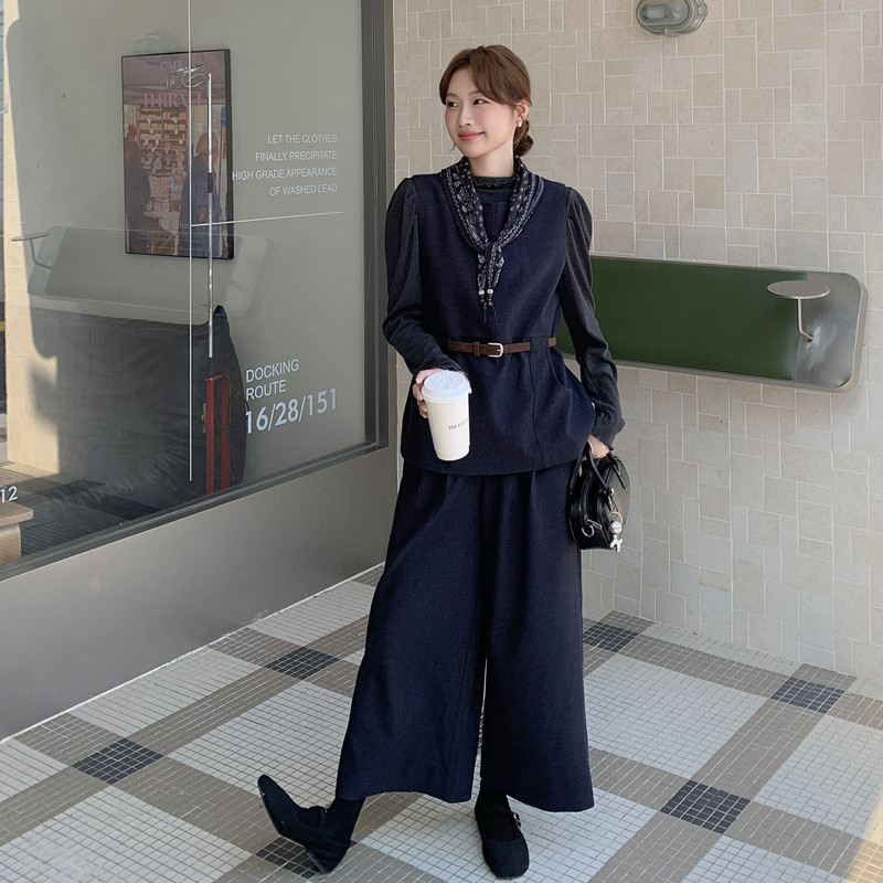 深蓝色韩系马甲休闲裤套装2026新款女早秋大方得体穿搭ootd一整套,女装套装/套裙,2C159