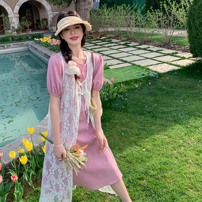 粉色温柔风套装裙女2025年夏季新款泡泡袖连衣裙蕾丝背心裙两件套,女装套装/套裙,2C030
