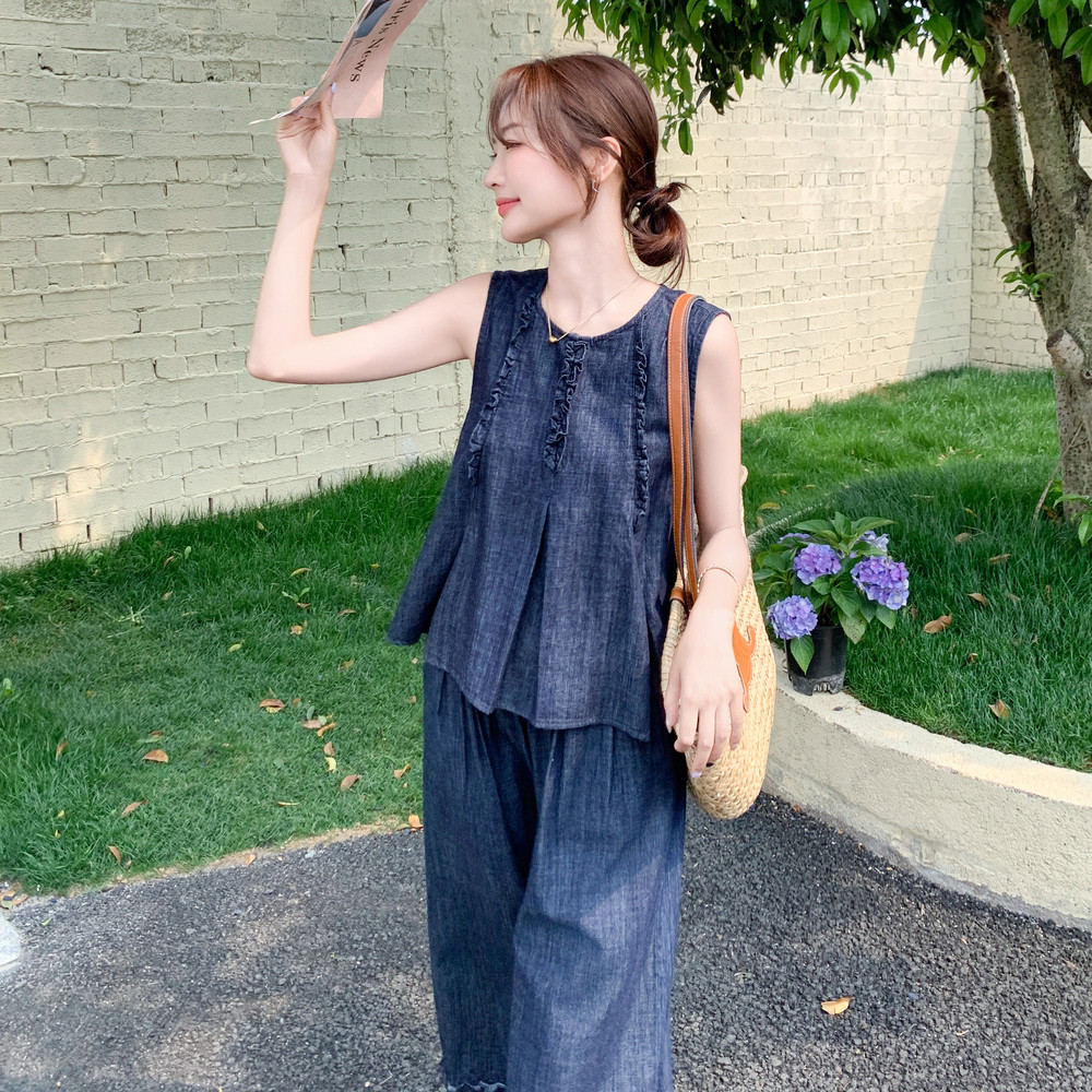 复古薄款牛仔套装女夏季2025新款独特漂亮设计感背心阔腿裤两件套图片