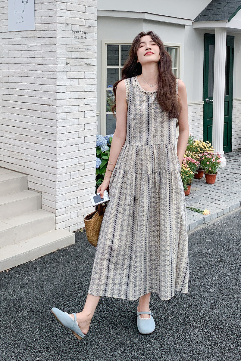 波西米亚度假风印花连衣裙女2025夏季新款法式温柔风无袖背心长裙,女装连衣裙,2C212