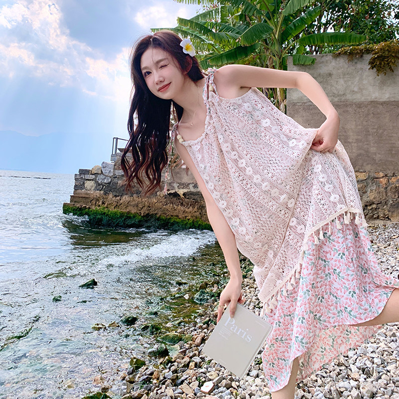 法式复古镂空编织碎花吊带连衣裙女夏季2024新款拼接设计感长裙子,女装连衣裙,2C122