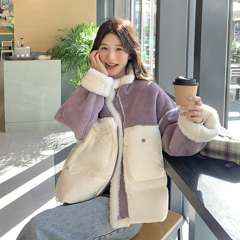 撞色羊羔毛拼接羽绒服女冬季新款韩系小个子保暖90白鸭绒面包服,女装羽绒服,2B222